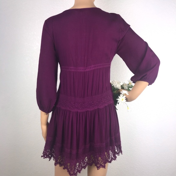 Entro Crochet Lace Raspberry Wine Mini Peasant Babydoll Dress - Picture 3 of 6